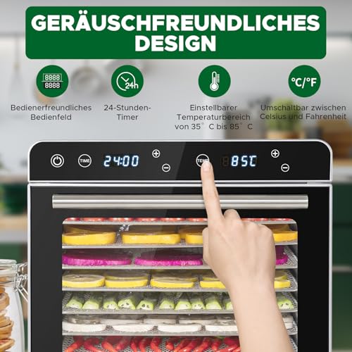 Kwasyo Dörrautomat Edelstahl Trockenkapazität 3,8 kg Rindfleisch, 0,67 m² Trockenfläche, 8 Edelstahl-Dörrtabletts (28x30 cm), 35-85°C Dörrgerät für Hundeleckerlis, Kräuter, Fleisch, Obst, Joghurt – Bild 5
