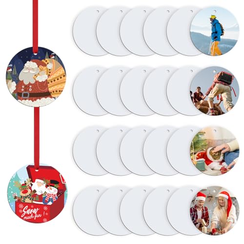 HTVRONT Sublimation Ornament Blanks 26 PCS- 3 Inch Sublimation Christmas Ornament Blanks Double Side with Red String - Personalized MDF Decoration Supplies for Halloween Christmas