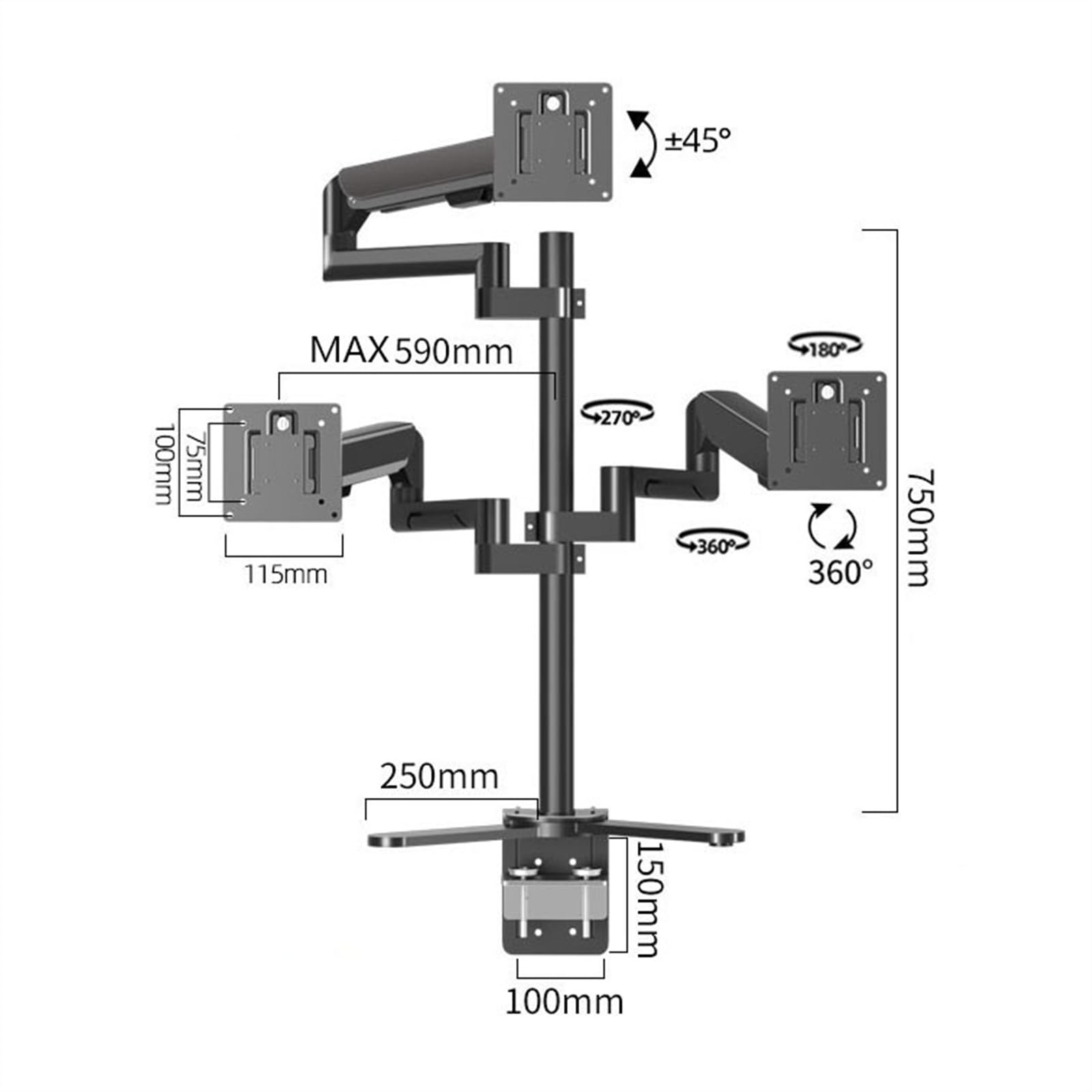 Supporto da tavolo for monitor triplo in metallo | Supporto da scrivania for 3 monitor con bracci con molla a gas for una comoda posizione di lavoro