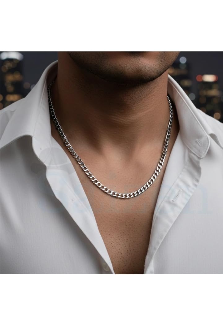 t trendy mart 5mm Flat Cuban Curb Chain Necklace for Men & Boys, Stainless Steel Silver Link Chain-picture-12