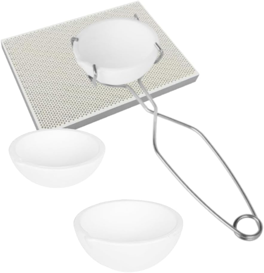 YIEPET 5 Pieces Small Melting Ceramic Crucible Bowl Dish Cup Set Include Honeycomb Soldering Board Quartz Plate Melting Gold Silver Copper with Whip Tongs Handle 2A