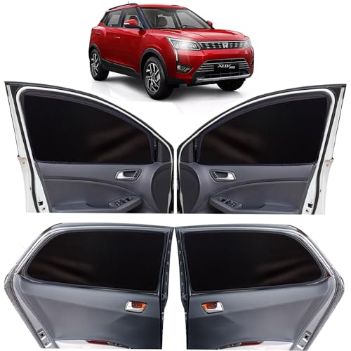 Image of OTO2EYE Car Sun Shade Compatible for Mahindra XUV 300 Model 2019 to 2023, Z-Black Super Magnetic Grip, Front Window Zipper, Side Window Curtains, 4 Pieces Set