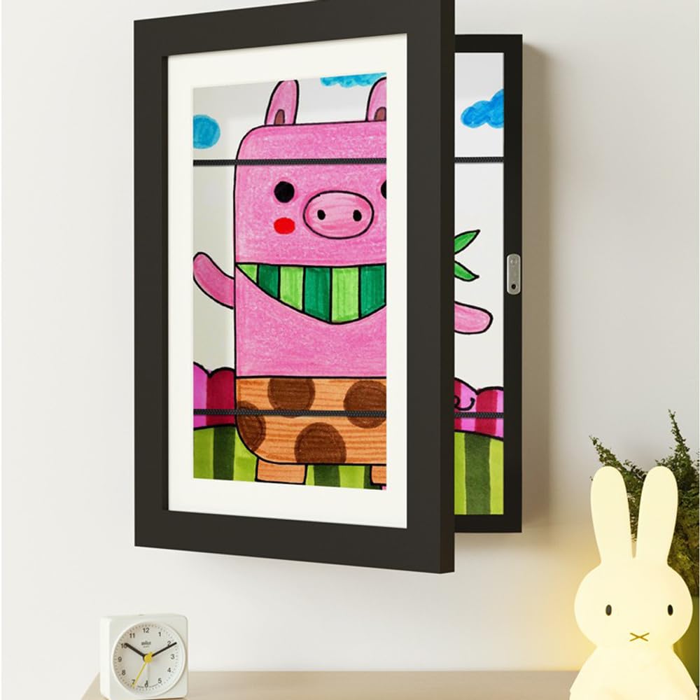Cornice Disegni Bambini, Cornice da Disegni per Bambini da cambiare, Disegni Bambini Cornice A4, Frontale Cornice Portafoto Artistica Apribile, per Conservare e Presentare i Disegni (Nero)