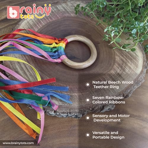 Image of Rainbow Ribbon Teether - Soft Wooden Kids Teething Toy with Vibrant Colors for Soothing Relief, BPA-Free and Safe for Infants (Pack of 1)