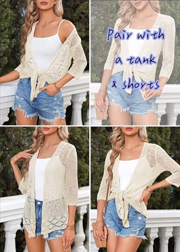 Image of Nulibenna Womens Sheer Shrug Sweaters 3 /4 Sleeve Open Front Tie Cardigan Bolero Jacket Lightweight Crochet Knit Cover Up Tops