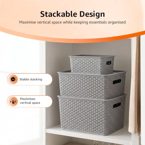 Image of Amazon Basics Set of 3 (Small, Medium, Large) Plastic Storage Baskets with Lid Stackable Shelf Basket, Storage Box & Organiser for Wardrobe, Kitchen,Clothes, Toys, Books, Office (Grey, Rectangular)