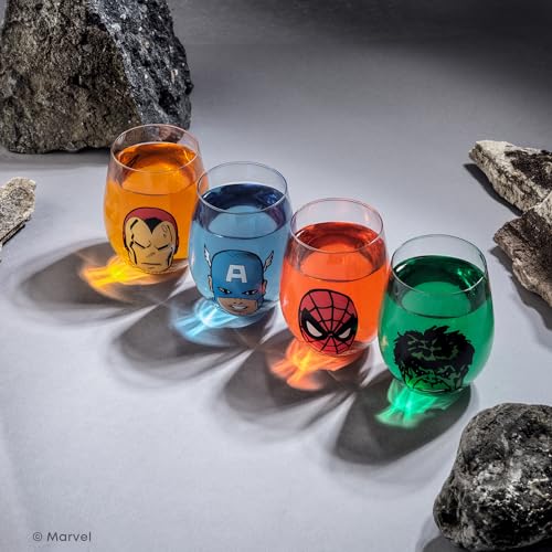 Image of JoyJolt Marvel Heroes Stemless Drinking Glasses, 19oz Superhero Cups ft Hulk Captain America Spiderman and Iron Man, Avengers Glassware Set of 4, Marvel Gifts for Men and Women