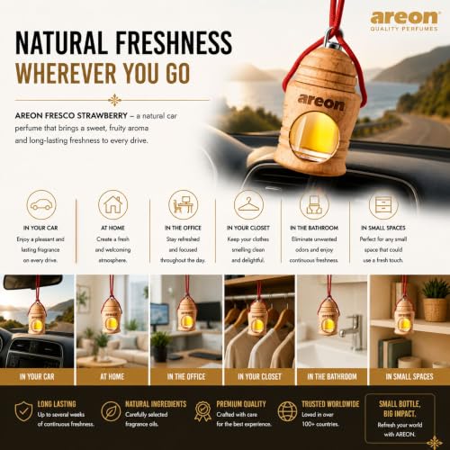 Image of AREON Fresco Premium Hanging Car Air Freshener, Strawberry, Pack of 1 | Premium Wooden Hanging Car Air Freshener with an Elegant, Compact Design. Suitable for Use in Cars, SUVs, Vans, and Trucks.