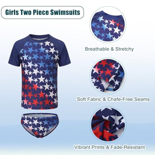 Image of Girls Two Piece Swimsuits Short Sleeve Rash Guard Swim Shirt Bikini Bottom Swim Set Bathing Swim Set Swimwear 3-16 Years