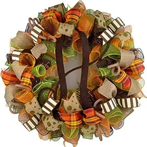 Yellow Welcome Fall Thanksgiving Autumn Door Wreath – Burlap Green Brown Orange White : F1