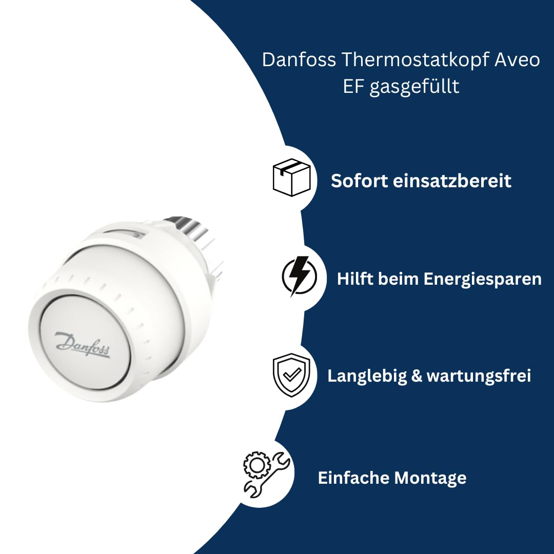 Thermostatkopf Aveo gasgefüllt EF Behördenmodell + 5 mm Entlüftungsschlüssel – Heizkörperregler M30×1,5, Frostschutz, Temperaturbegrenzung, weiß – präzise Raumtemperatur & einfache Montage