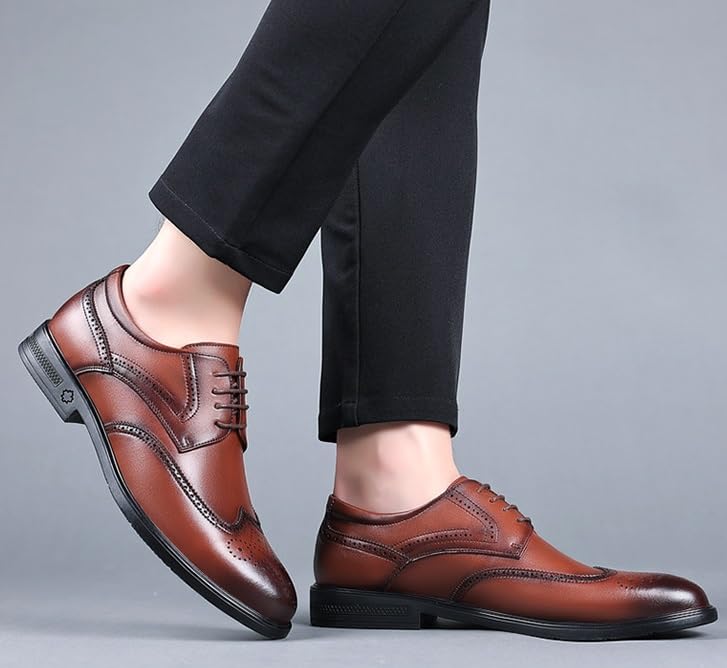 Men's Genuine Leather Oxford Shoes Low Top Formal Business Non-Slip Dress Shoes Wedding Office Derby Shoes for Men(Brown,8.5)3