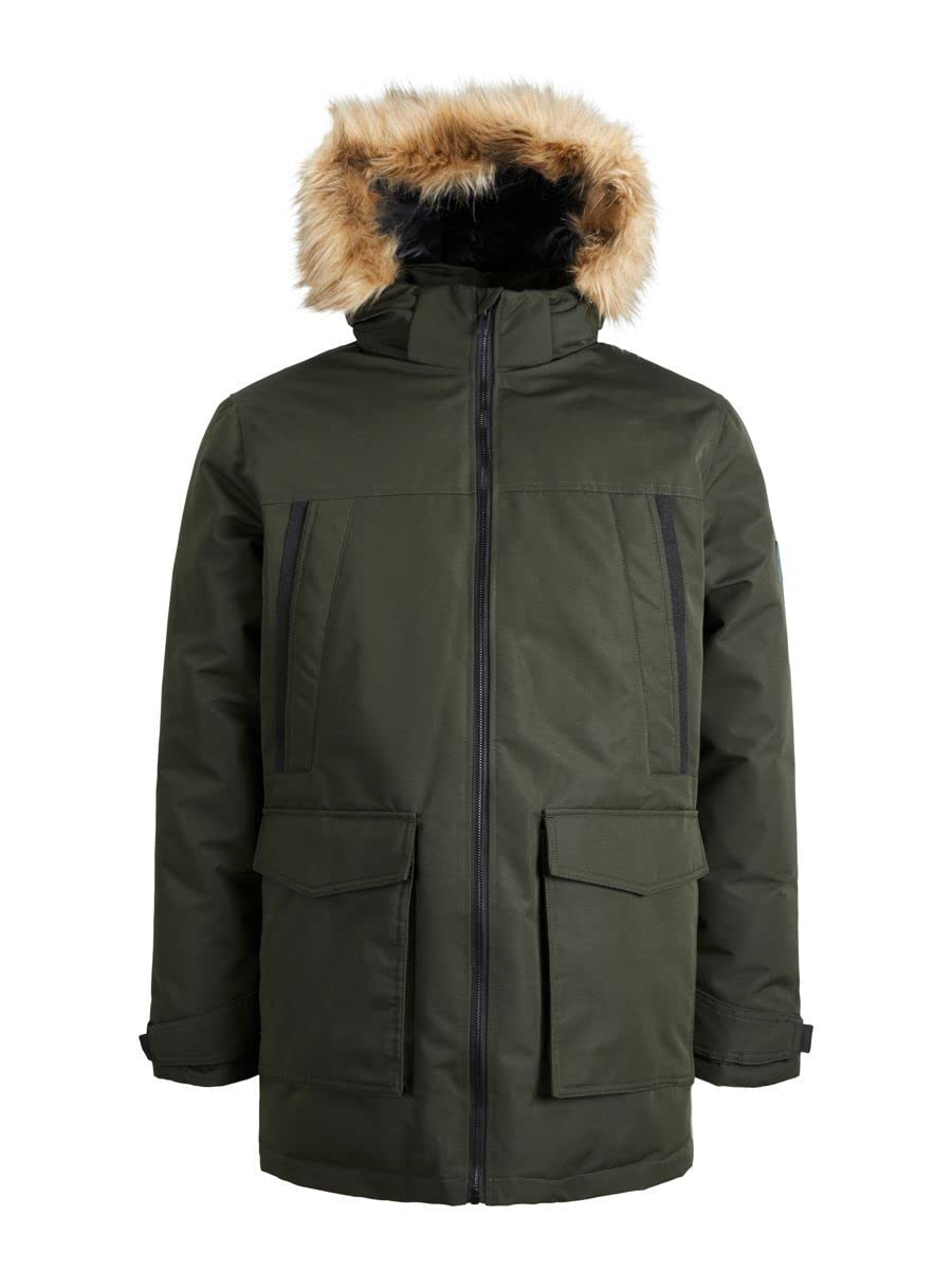 Jack & Jones Men's Green-3 Padded Winter Jacket Parka Bomber With Faux Fur Hood Jjecraft, Colours:, Jacket Size:xl
