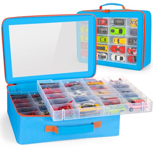 Risou Spielzeugaufbewahrungsbox kompatibel mit HotWheels-Autos Matchbox-Autos Mini-Spielzeug und kleinen Puppen. Spielzeugaufbewahrungsvitrine mit 3 herausnehmbaren Ablagefächern (Blau)