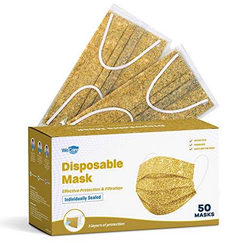 WeCare Disposable Face Mask Individually Wrapped - 50 Pack, Gold Masks - 3 Ply