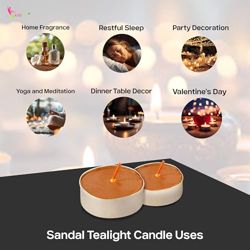 Image of Kriti Life Sandalwood Scented Tealight Candles - 100% Paraffin Wax, Smokeless, Long Burn Time (4.5 Hours), Dripless Brown Candles for Home Decor, Diwali, Weddings & Meditation - Set of 50