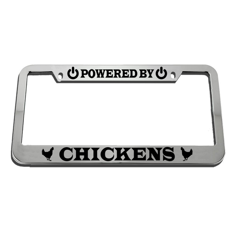 Speedy Pros Powered by Chickens Zinc Metal License Plate Frame Car Auto Tag Holder - Chrome 2 Holes