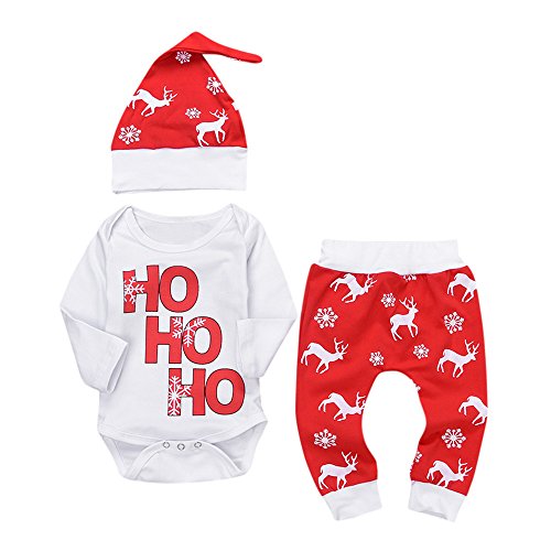 BaojunHT Christmas Deer Snowflake Outfits Set Infant Baby Sleepwear Romper Tops+Pants+Cap (12Months, Red)