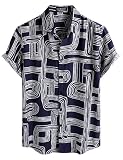 LucMatton Men's Vintage Hawaiian Shirt Tropical Print Short-Sleeve Button-Down Shirts Aloha Styles for Summer Vacation Navy Geometric Lines Large