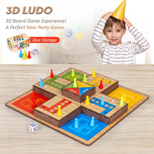 3D Ludo MDF Wooden Board Game Toy Play Family Fun with for Kids and Adults