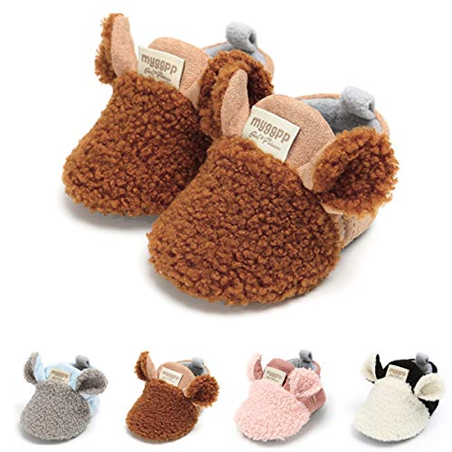 Image of Ohwawadi Infant Baby Boys Girls Slippers Cozy Fleece Booties Soft Bottom Warm Cartoon Socks Newborn Crib Shoes