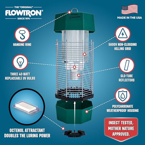 Flowtron Electric Bug Zapper 2 Acres Outdoor Insect Control with Dual Lure Method, 120W UV Light & Octenol Attractant for Fly & Mosquito, 5600V Kill Grid, Made in USA
