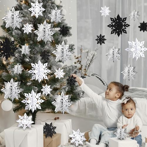 Image of OuMuaMua Christmas Snowflake Decorations Indoor, 24PCS 3D Paper Snowflakes Hanging Ornaments Snowflake Garlands for Xmas Christmas Tree Winter Wonderland New Year Party Home Decorations