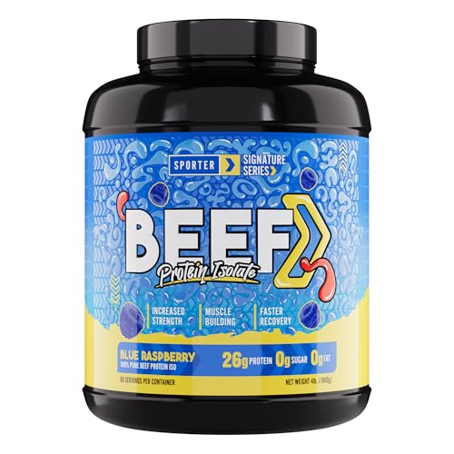 Sporter Beef Protein Isolate - High Protein Low Carb - Alternative to Whey & Vegan Protien - For Muscle Growth & Recovery (4 lb - 60 Servings Blue Raspberry)
