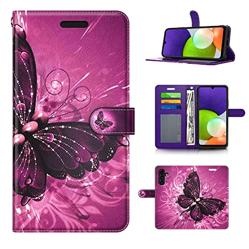 KACHEN for Samsung Galaxy A14 5G Case, Purple Butterfly Wallet Pouch Case PU Leather Flip Cover with Hand Strap, Credit Card Slots Hybrid Cell Phone Case