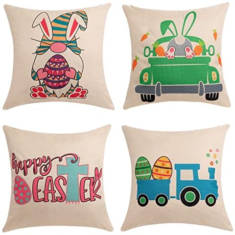 INSTOME Easter Pillow Covers Set,18 x 18 Inches Pillow Cushion Case Easter Bunny Egg Throw Pillow Covers with Book Pocket for Couch Sofa Patio,Set of 4 Cover