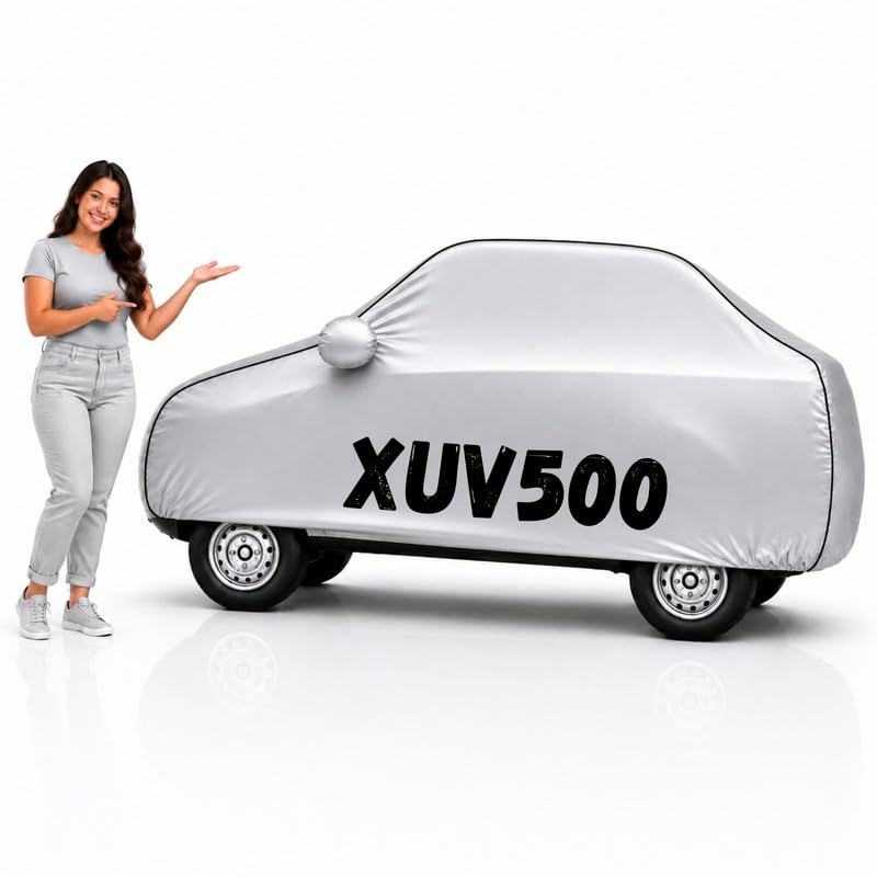 Image of Long-Life 100% Waterproof XUV500 Car Body Cover for Dust & Rain, Compatible with All Models of XUV500 Car Cover, Comes with Bird Droppings, Scratch, UV and Paint Protection - Silver