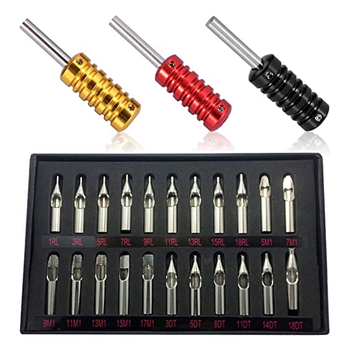 Tattoo Tips and Grips,SOTICA 3Pcs Aluminum Grips Tubes and 22 PCS Tips Stainless steel Tips and Grips Round Diamond Magnum RT DT FT Nozzle Tips for Coil Machine Accessories