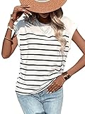 SweatyRocks Women's Casual Cap Sleeve Crewneck Tee Summer Stripe Print Pullover T Shirt White M