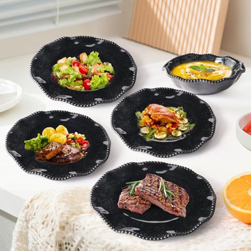 Image of ADSAURMELA 6-Piece Black Melamine Dinnerware Set Service for 2, Scalloped Plates with Beaded Edge & Silver Glitter, Heavy Duty, Shatterproof, Luxury Charger Plates for Halloween Wedding Gala Outdoor