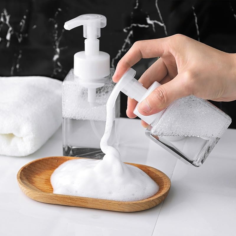 Foaming Soap Dispenser, 450ml(15oz)+250ml(8oz) Refillable Modern Square Pump Bottle for Shampoo, Body Wash, Liquid Soap, PETG Plastic Empty Soap