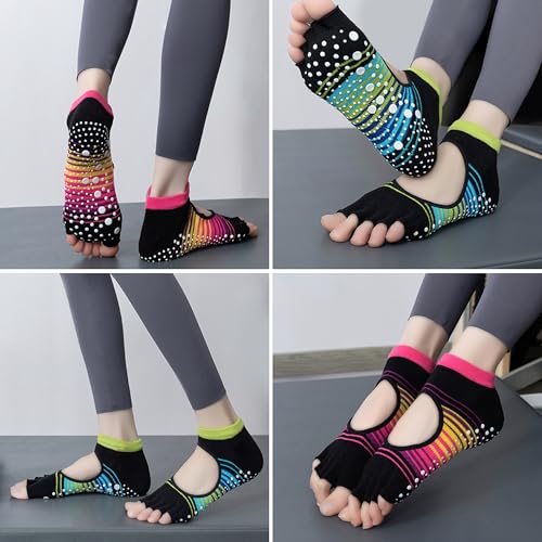 Womens Pilates Yoga Toe Socks with Grips Non Slip Cushioned Crew Socks Mid Calf for Barre Ballet
