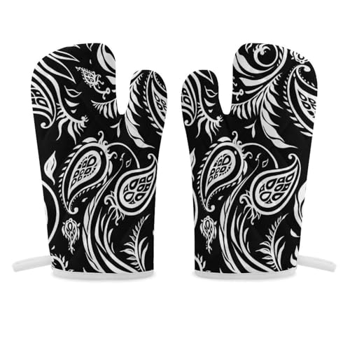 オーブンミット ペイズリー柄 鍋つかみ オーブン手袋 耐熱ミトン オーブングローブ 断熱 使い勝手 耐久性 着脱簡単 防水 厚手 吊り下げループ付き シェフ用 キッチン用品 男女兼用 2枚セット