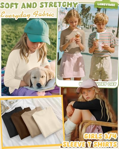 Image of 4 Pack Girls 3 /4 Sleeve T Shirts Kids Crewneck Elbow Sleeve Casual Tops Solid Basic Cute Teen Tees 5-14Y