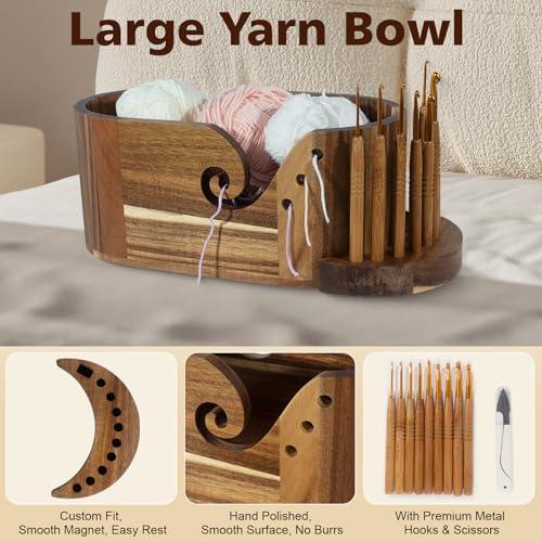Image of Wooden Yarn Bowl, Craft Knitting Yarn Bowls for Crocheting w /9pcs Knitting Hooks, Sewing Scissors & Crochet Tool Holder, Oval Large Crochet Yarn Holder for Knitting Lovers(11.1x6x4.8in, Acacia Wooden)