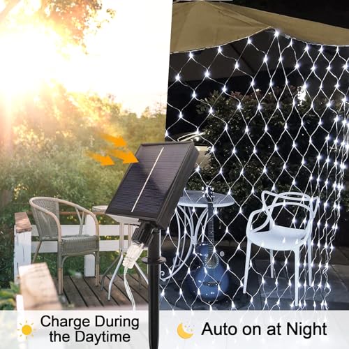 WoskjXas Solar LED Net Lights, 198 LED Mesh Fairy Lights, 8 Modes, 6.6 Ft x 9.8 Ft Garden Net Curtain Light, Remote Control - Image 3
