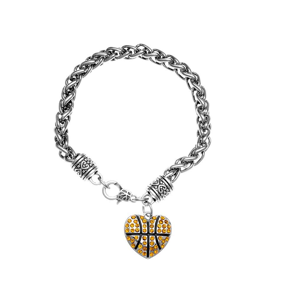 Infinity Collection - Basketball Heart Shape Charm Bracelet with Rhinestones - Jewelry for Sports-Fan Women, in Gift-Ready Velvet Pouch Accessory