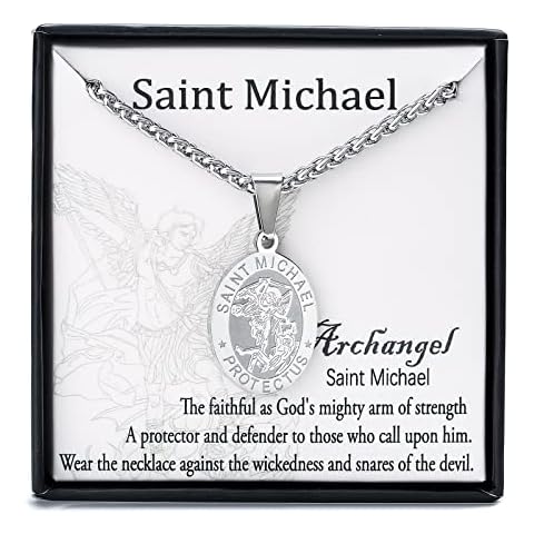 Zocomi Silver Saint St Michael Medal Necklace for Men Boys, St. Michael Archangel Pendant Chain Jewelry Catholic Christian Religious Baptism First Communion Confirmation Gifts Teenage Age Kids Cover