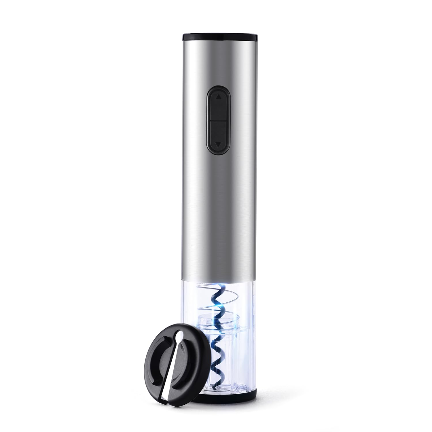 ELMWAY VinoLux Electric Wine Opener – Battery Operated Corkscrew with Foil Cutter, Stainless Steel Shell, LED Light & Transparent Window for Easy Cork Removal