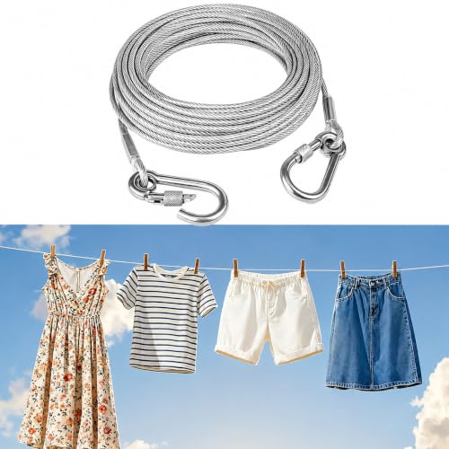 Image of Heavy Duty Stainless Steel Clothes Drying Rope 10 Meter with Hooks | Strong Rust Resistant Clothesline for Balcony, Bathroom, Travel & Camping | Cloth Drying Wire Indoor & Outdoor Use