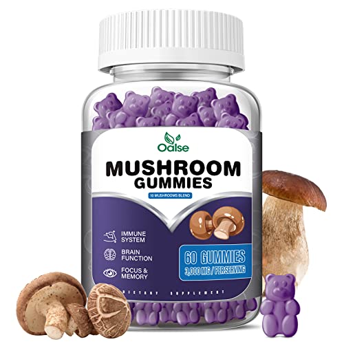 OALSE Lions Mane - Gomitas de hongos 10 mezclas, complejo de hongos de 3000 mg - Melena de león, Reishi, Cordyceps, Shitake, Chaga y más - Suplemento de hongos para promover la concentración, la memoria, el estado de ánimo y la energía