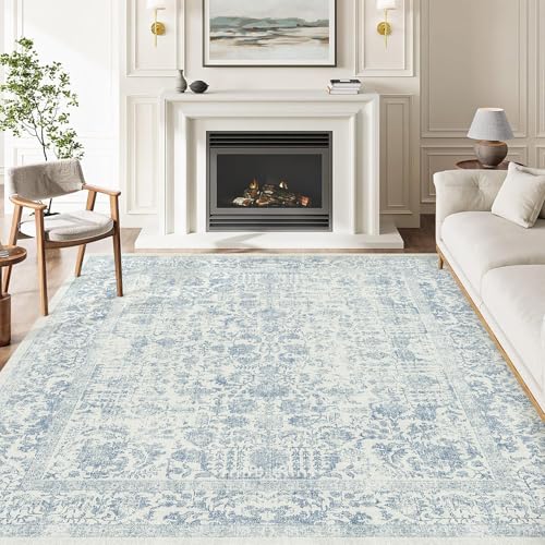Blue Area Rug 5x7 Machine Washable Vintage Living Room Distressed Non Slip Carpet Traditional Indoor Bedroom Retro Floral Accent Throw Large Rug Office Kitchen Bathroom Dining Room