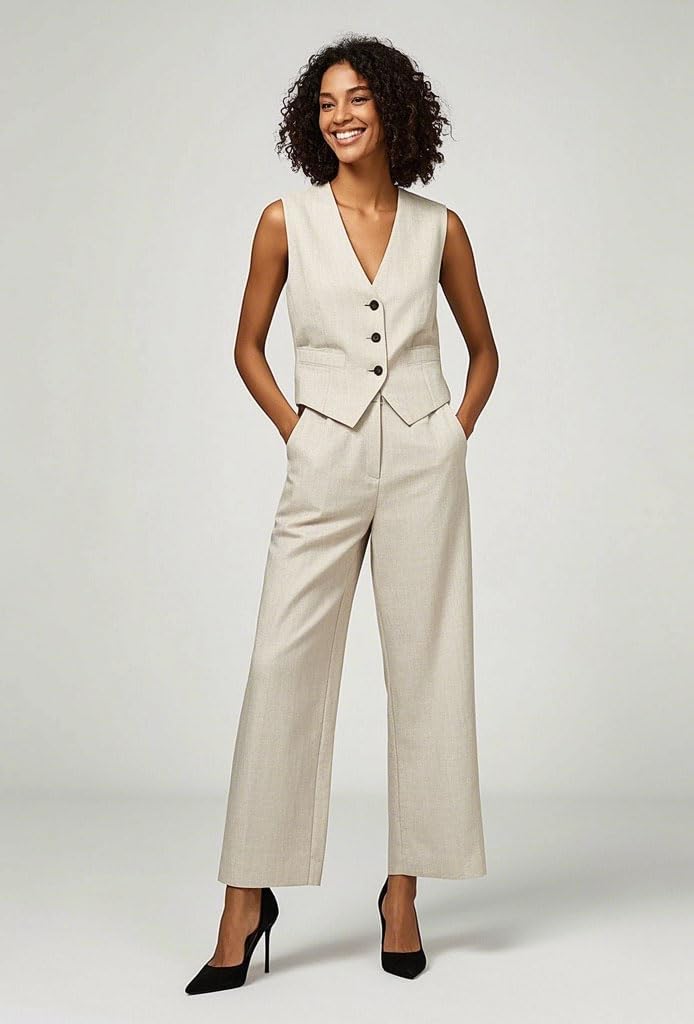 Vest Pants Suit for Women Dressy 2 PC Sleeveless Blazer Wide Leg Pants Cropped Vest Tops Suit Set