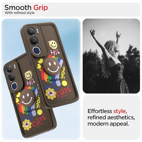 Image of Pikkme Back Cover for Vivo Y29 5G / Vivo Y19s | Soft Silicone| Cute Rainbow Smile & 3D Cartoon Flower Design | Shockproof Raised Camera Protection Bumper Case (Brown)