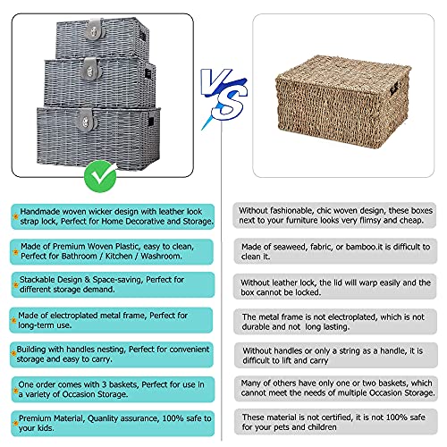 Homepeaz Set Of 3 Woven Storage Basket Bin Wicker Hamper Stackable Box With Lid & Lock, Container Tote Cube Organizer For Nursery, Baby Toiletry, Diaper, Toys, Home Closet, Laundry, Dvd, Book (Grey) #TOP4