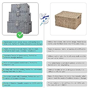 Set of 3 Woven Storage Basket Bin Wicker Hamper Stackable Box with Lid Lock Container Tote Cube Organizer for Nursery Baby Toiletry Diaper Toys Home Closet Laundry DVD Book Grey